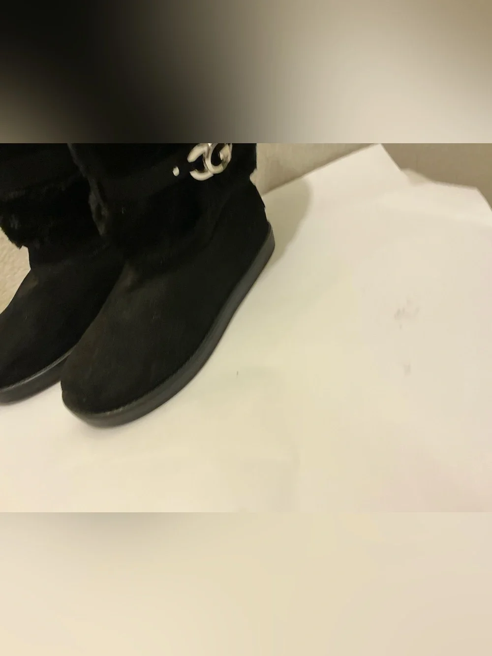 G by Guess Black Faux Fur Ankle Boots with Silver Accent
